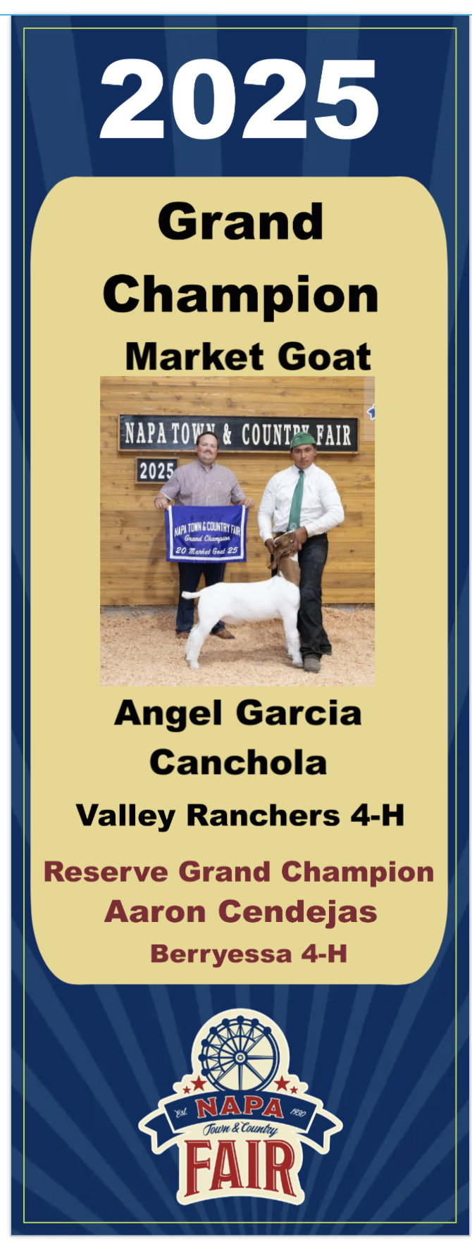 Plaque or award recognition for 2025 Napa Town & County Fair, Grand Champion Market Goat, awarded to Angel Garcia Canchola of Valley Ranchers 4-H, with two individuals and a goat in front of a wooden wall and a sign that reads 'NAPA TOWN & COUNTY FAIR'.