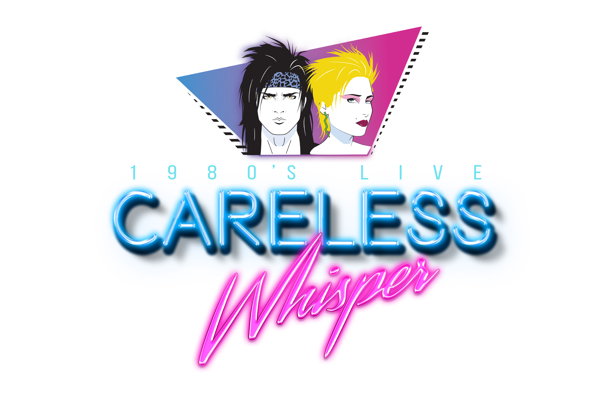 Neon signs reading 'Careless Whisper' with illustrated portraits of George Michael and a woman, in a retro style.