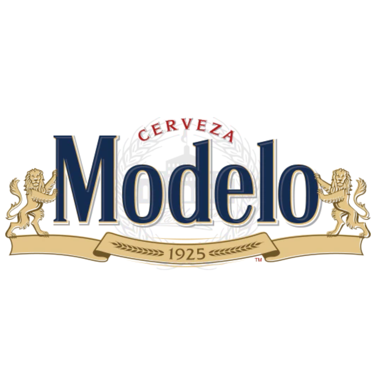 Logo of Modelo beer featuring two golden lions, the word "Modelo" in large blue letters, the word "Cerveza" in red above, and the year "1925" on a beige ribbon.
