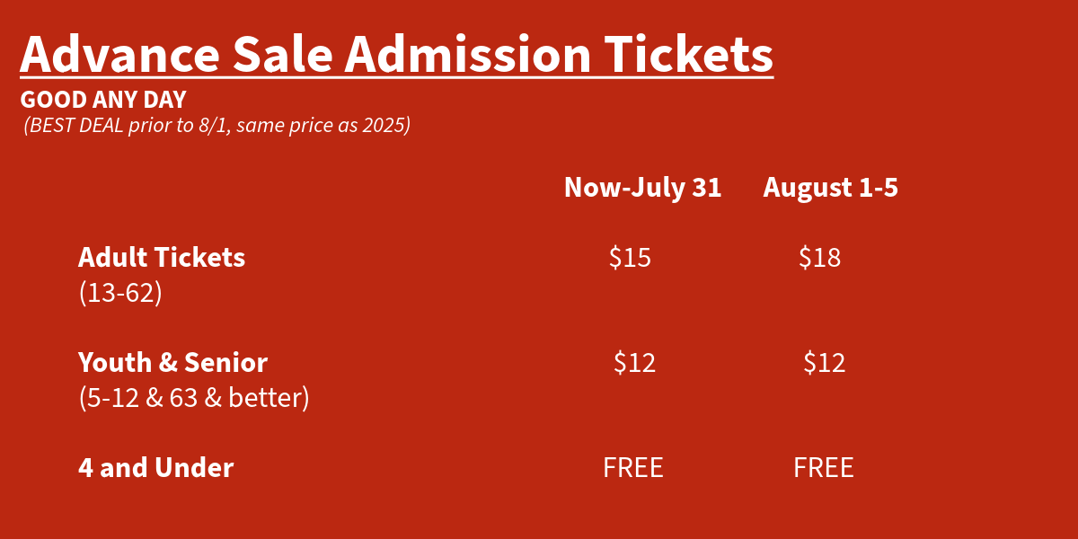 A red promotional poster for advance sale admission tickets, offering discounts for any day. The poster shows ticket prices for different date ranges and age groups, including adult, youth and senior, and children under 4. Prices range from free to $18, with specific sale periods mentioned.