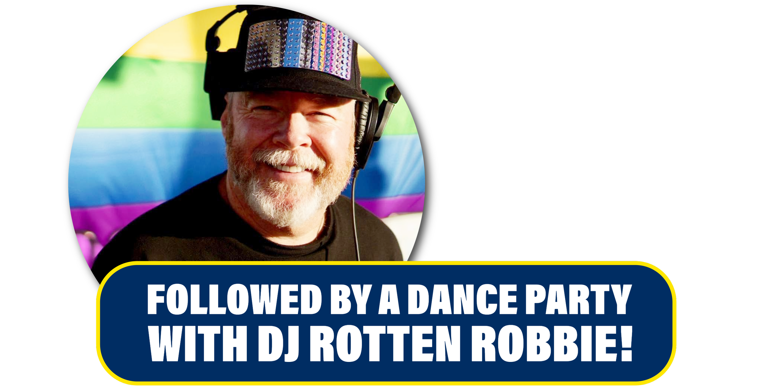 A man with a beard and mustache wearing headphones and a black cap with colorful decorations, smiling in front of a rainbow-colored backdrop.