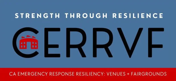 Logo with bold black text 'CERRF' and red and black icon of a building, with the slogan 'Strength Through Resilience' above and a red banner below reading 'CA Emergency Response Resilience: Venues + Fairgrounds'.