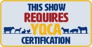 Sign indicating a show requires yoga certification, featuring silhouettes of various animals such as a horse, donkey, camel, alpaca, and llama.