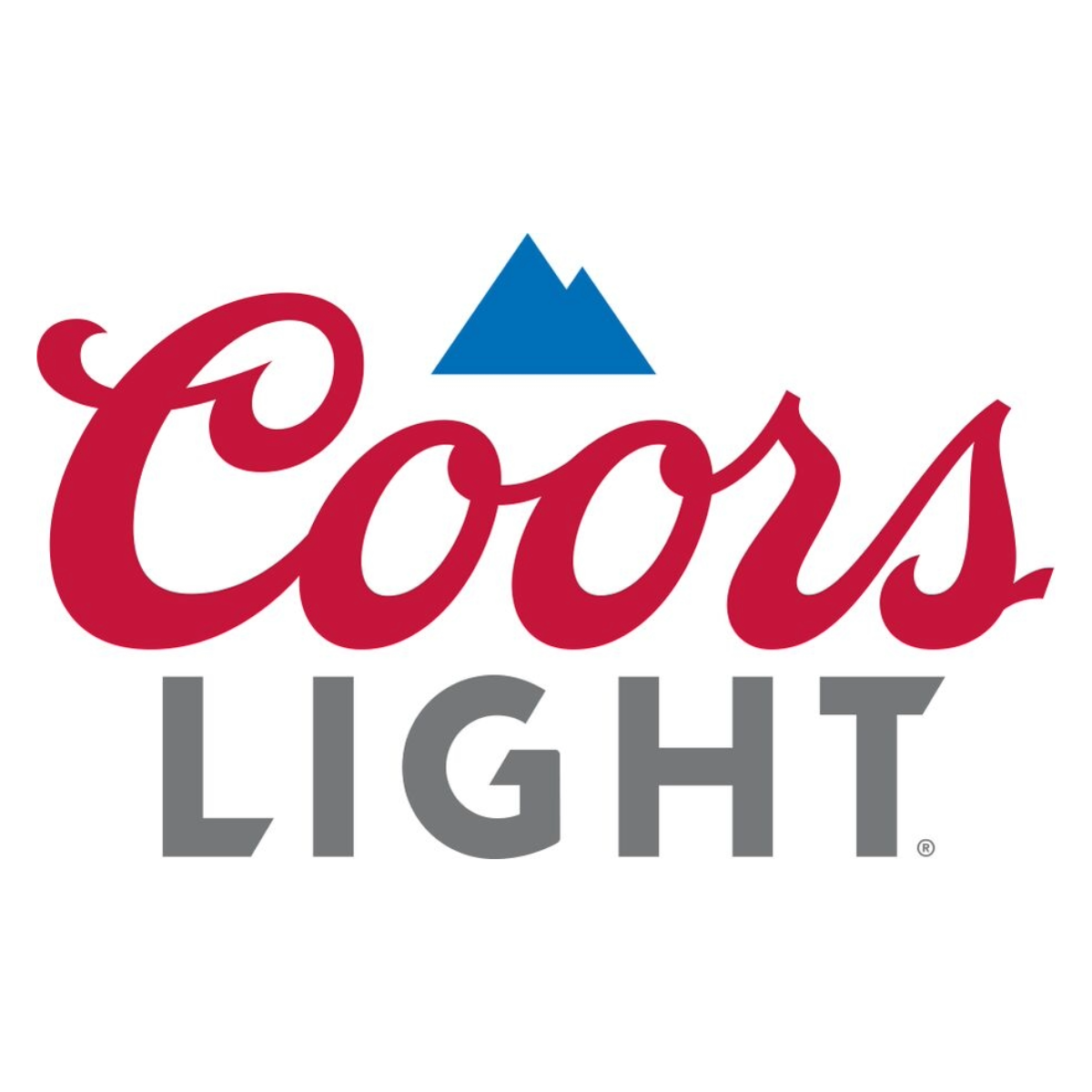 Logo of Coors Light beer featuring red cursive text, a blue mountain icon above, and gray capital letters spelling "LIGHT".
