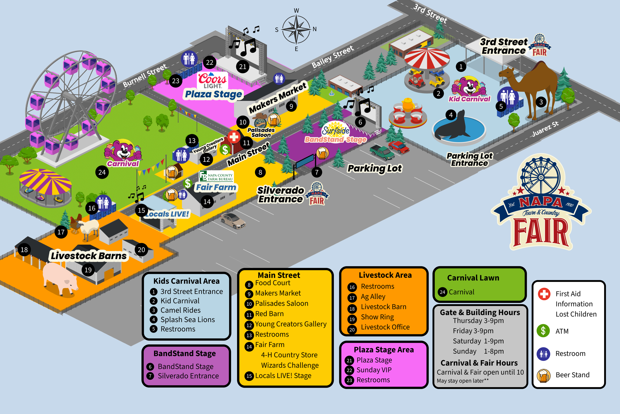 A detailed map of the Napa County Fairgrounds with labeled attractions including carnival rides, stages, food courts, livestock areas, and restrooms. The map features a Ferris wheel, kid carnival area, and a camel ride, with roads and entrances marked around the grounds.