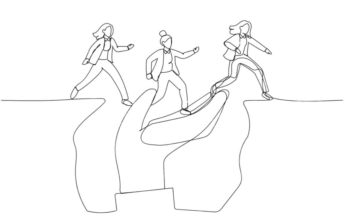 Line art illustration of three people walking on a narrow, winding path between two cliffs, being supported by a hand that is bridging a gap between the cliffs.