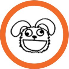 Cartoon drawing of a puppy-like face with large eyes, floppy ears, and a big open mouth, enclosed in an orange circle to represent the pleasure and reward circuit of the brain.