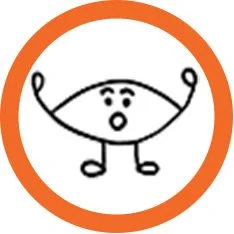 A simple cartoon drawing of an amygdala character with a face, arms, and legs, inside an orange circle.