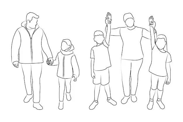 Line drawing of two adults walking with two children, one adult raising arms and the children holding hands with the adults.