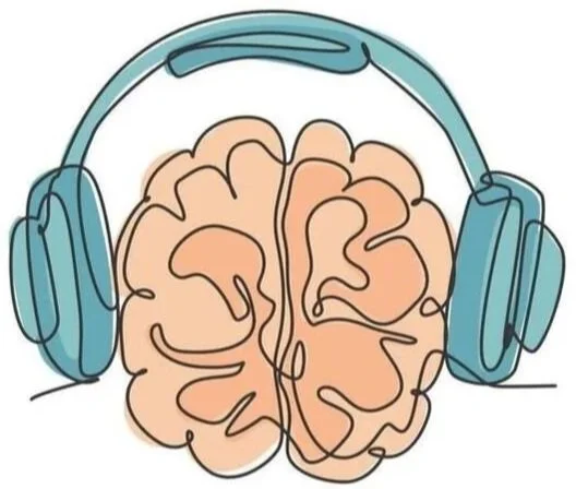 Illustration of a human brain wearing headphones.