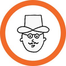 Simple illustration of a person wearing a hat and glasses, with a smiling face, enclosed in an orange circle to represent the professor-like functions of the prefrontal cortex.