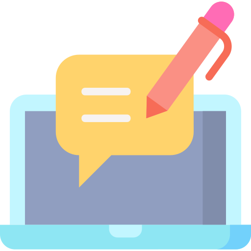 Computer screen with a speech bubble and a pencil icon.