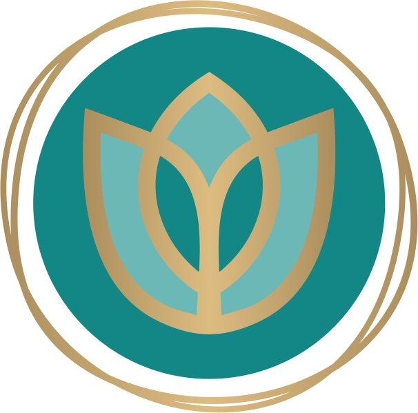 A stylized lotus flower logo with gold and light blue lines on a teal circular background.