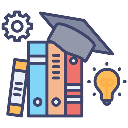 Books, a graduation cap, a lightbulb, and a gear symbol representing education, learning, and ideas.