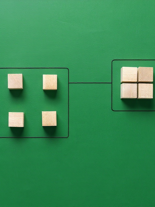 Four blocks loosely arranged, moving into a tightly organized cluster.