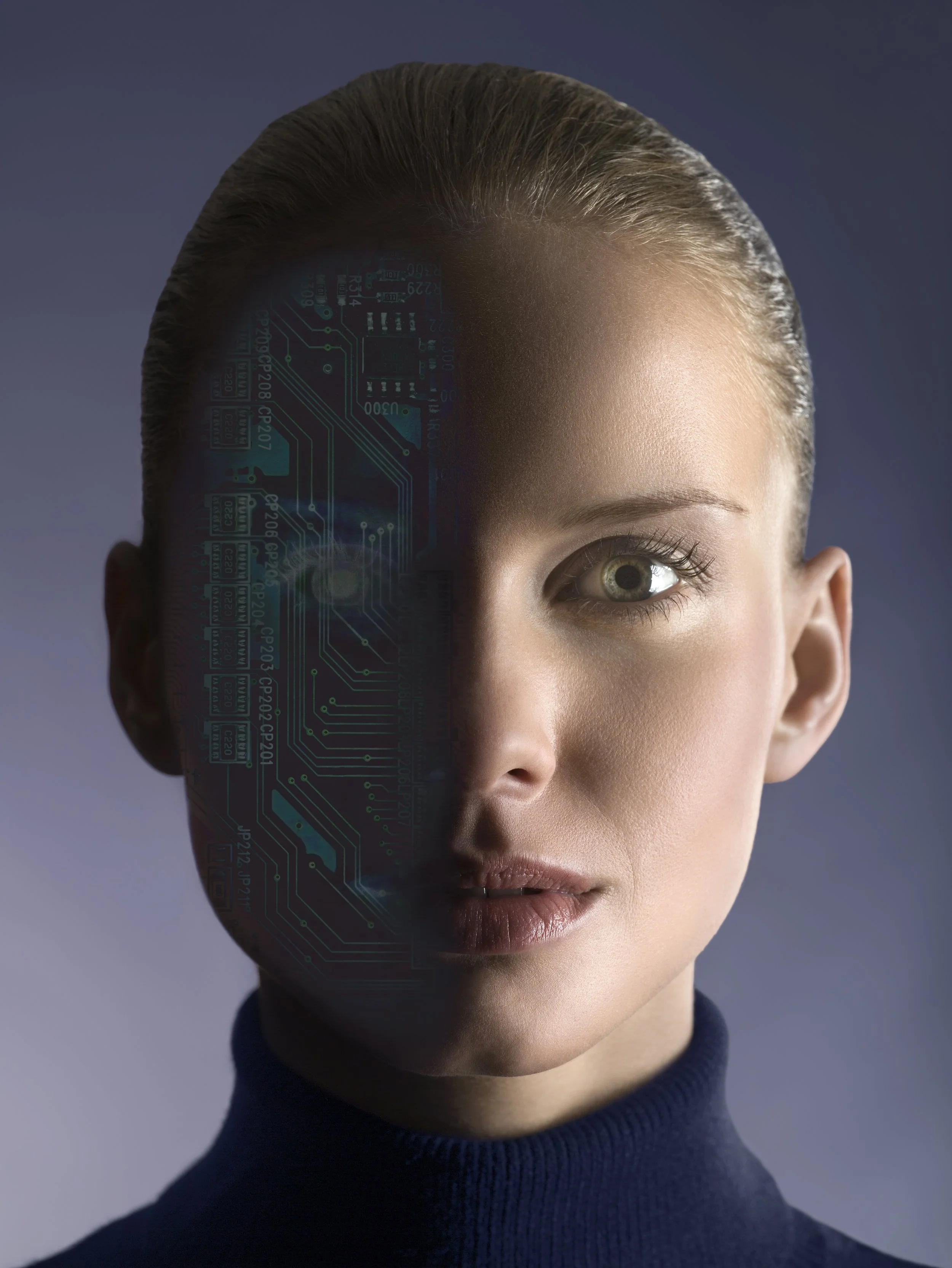 Woman with circuit board on her face
