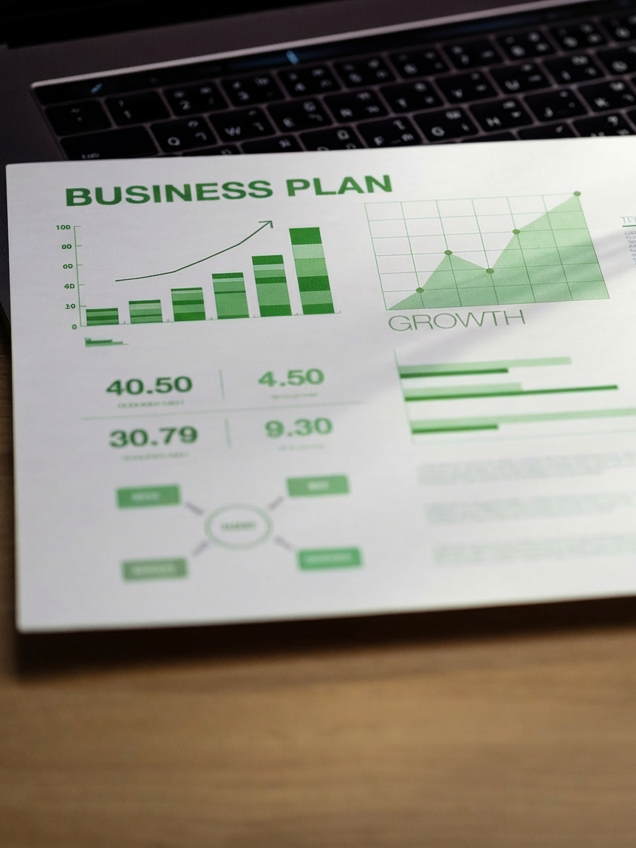 Graphic of a business plan and various charts.