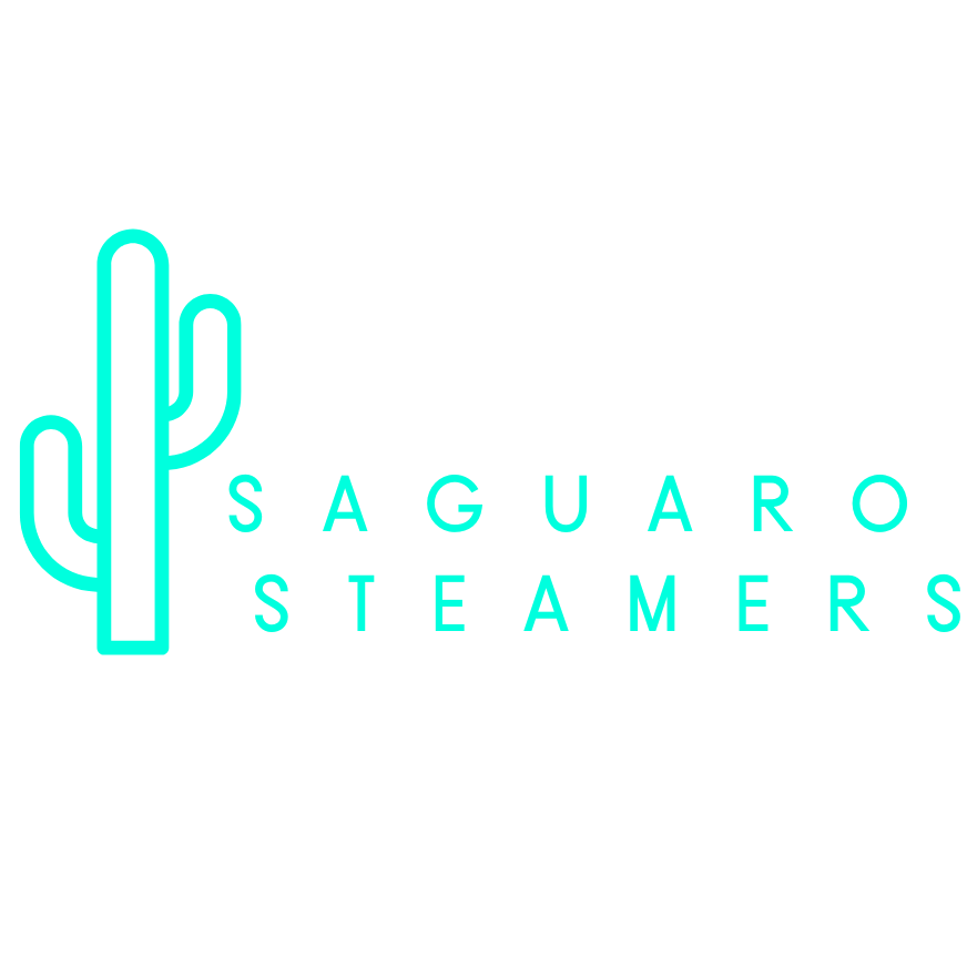 Neon sign of a cactus and the text 'Saguaro Steamers' in blue.