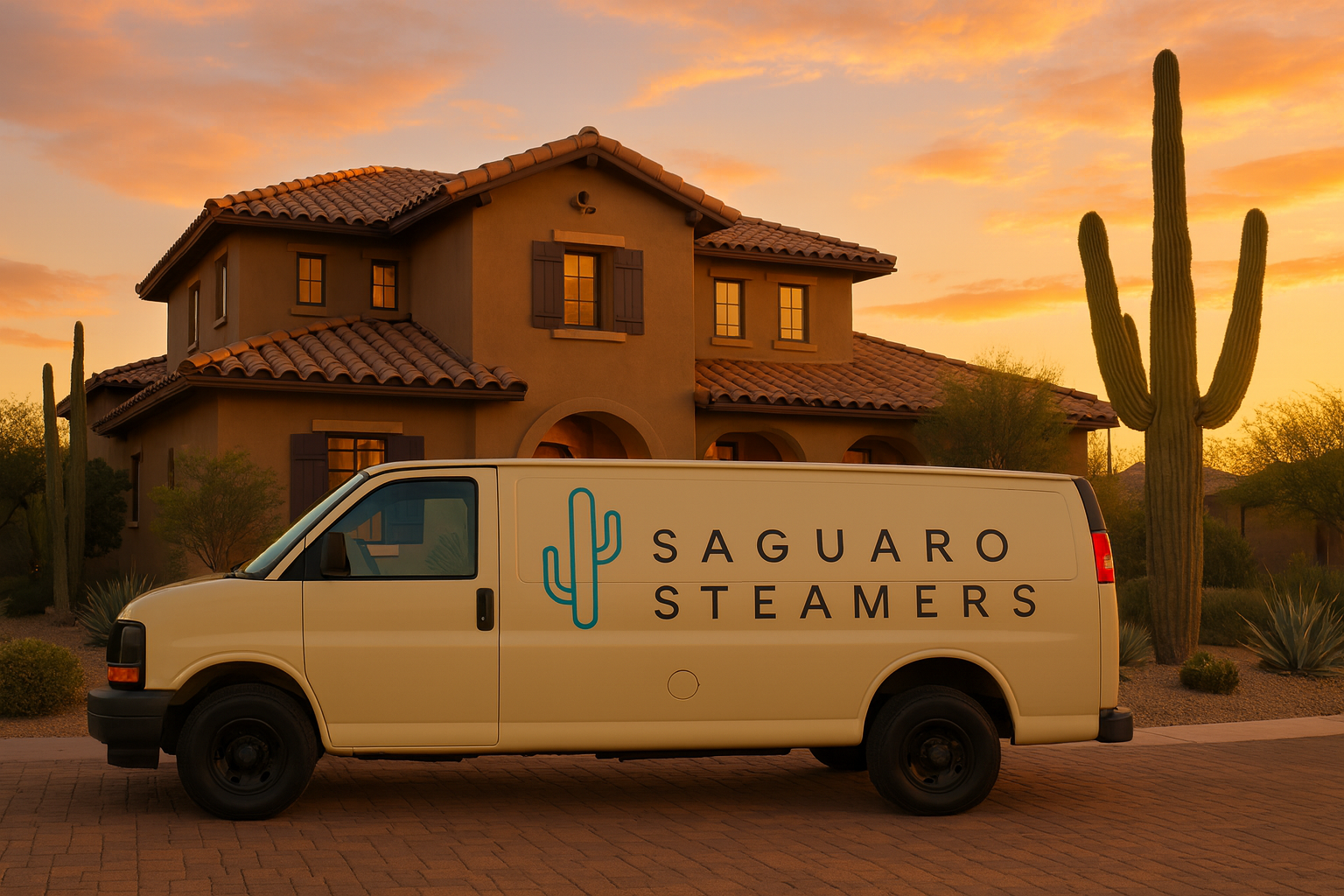 A beige Saguaro Steamers delivery van parked in front of a two-story southwestern style house with a tile roof, set against a desert landscape with a large cactus and an orange sunset sky.