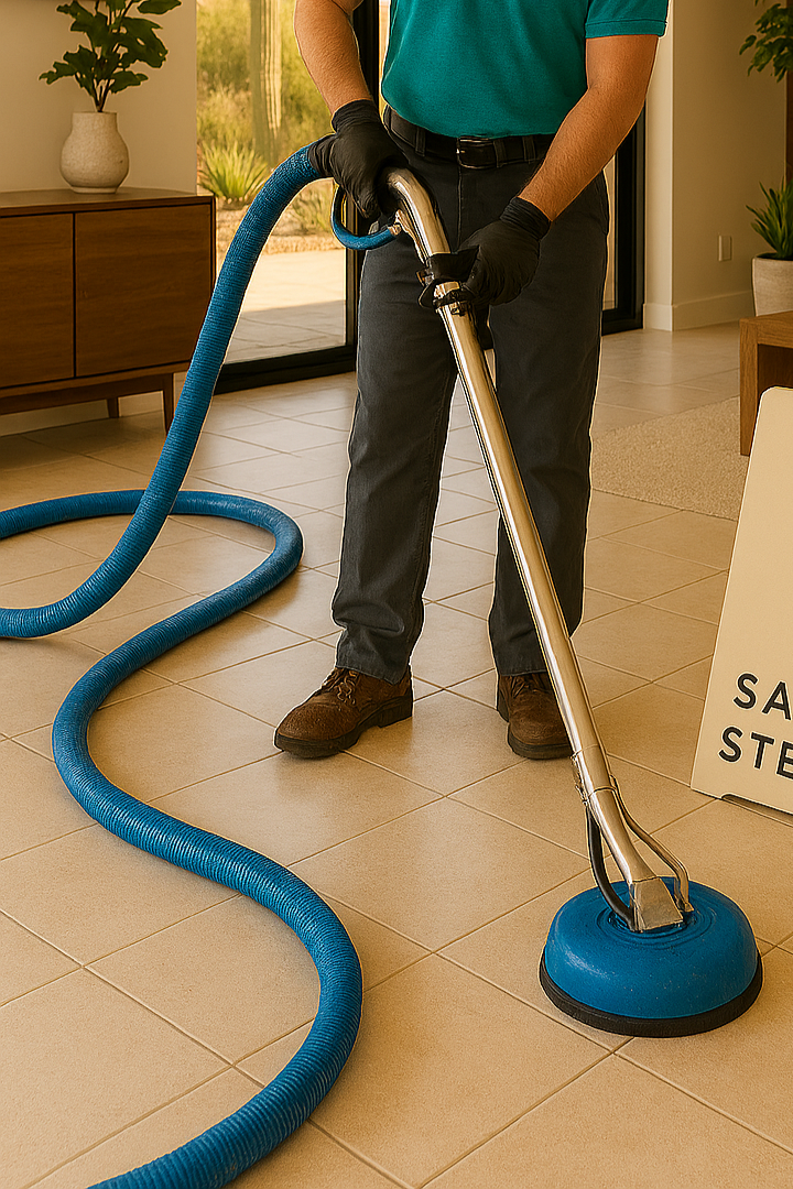 Person using a wet vacuum cleaner to clean tile flooring inside a house.