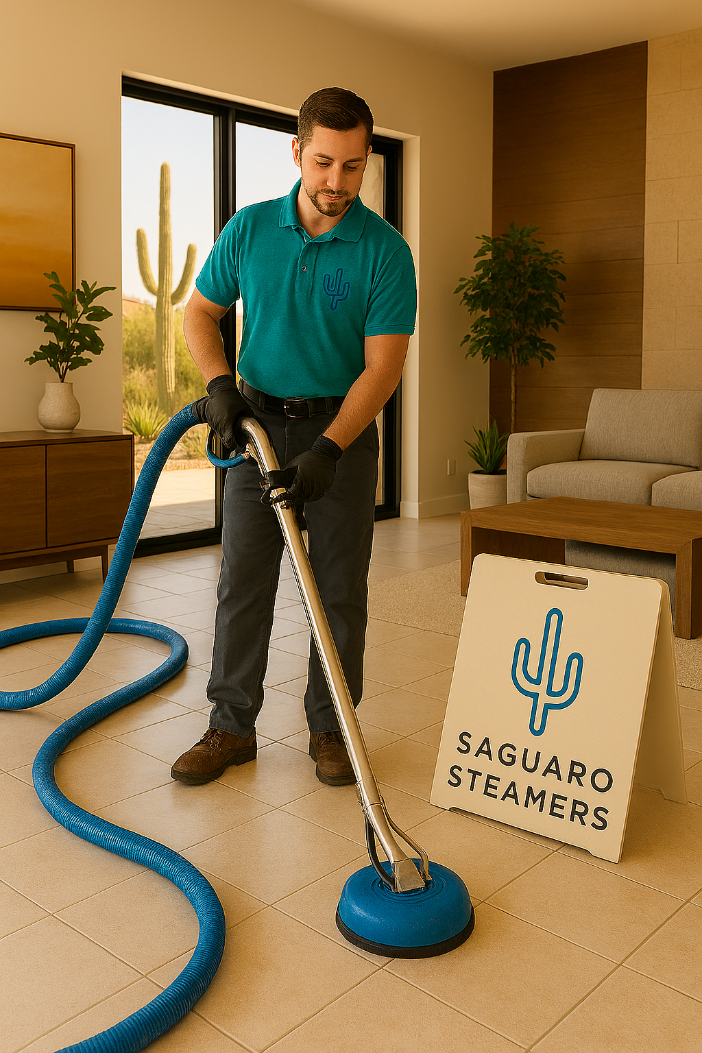 A man cleaning tiles with a steam cleaner, wearing a teal shirt, black gloves, in a modern living room with plants and large windows, with a sign reading 'Saguaro Steamers' with a cactus logo.