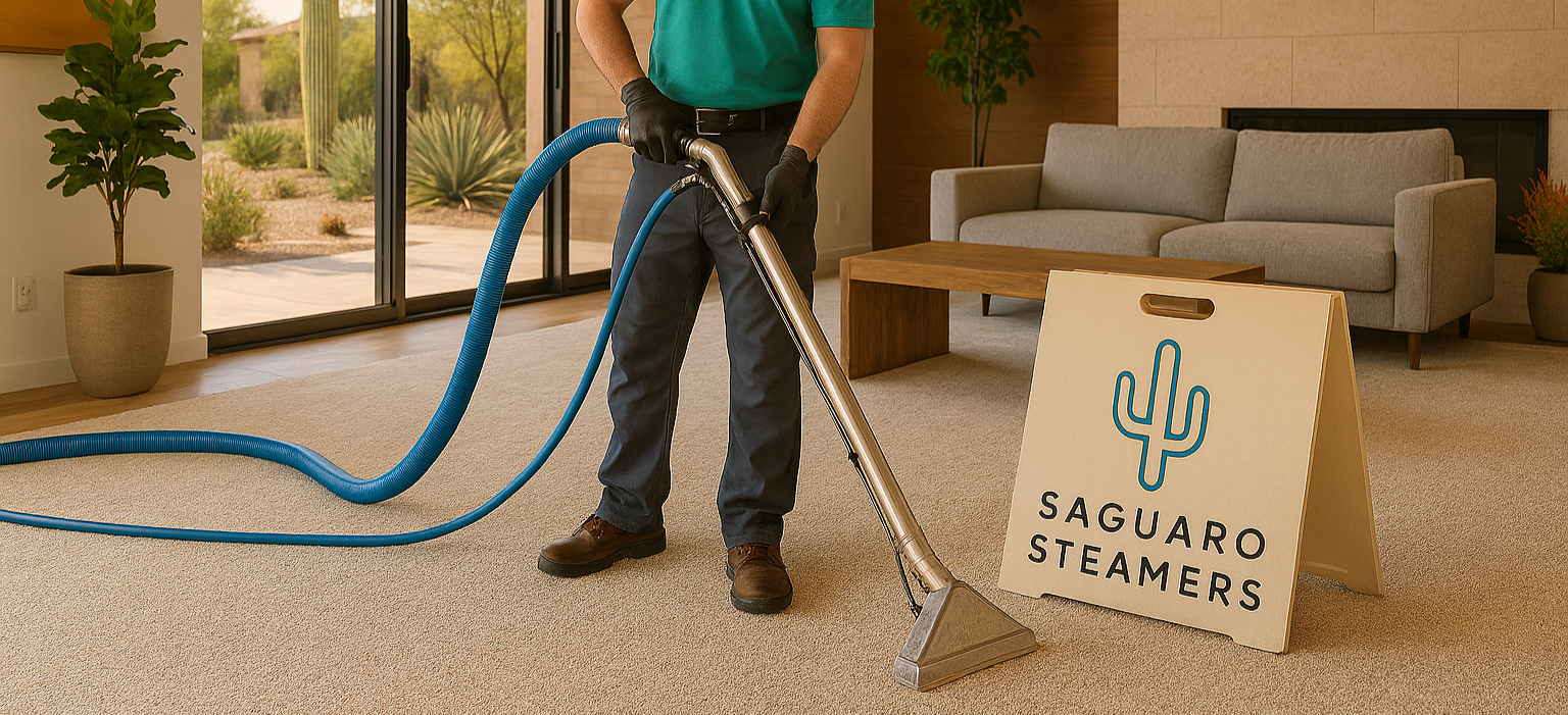 A person in a green shirt and dark pants uses a blue vacuum hose to clean beige carpeted floor in a living room. There is a sign on the floor that reads 'Saguaro Steamers' with a cactus logo.