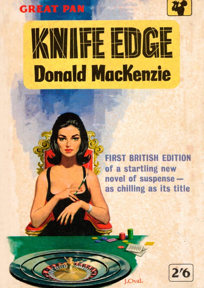 Book cover for 'Knife Edge' by Donald Mackenzie, featuring a woman with black hair sitting at a roulette table holding a cigarette, with poker chips and a betting slip on the table.