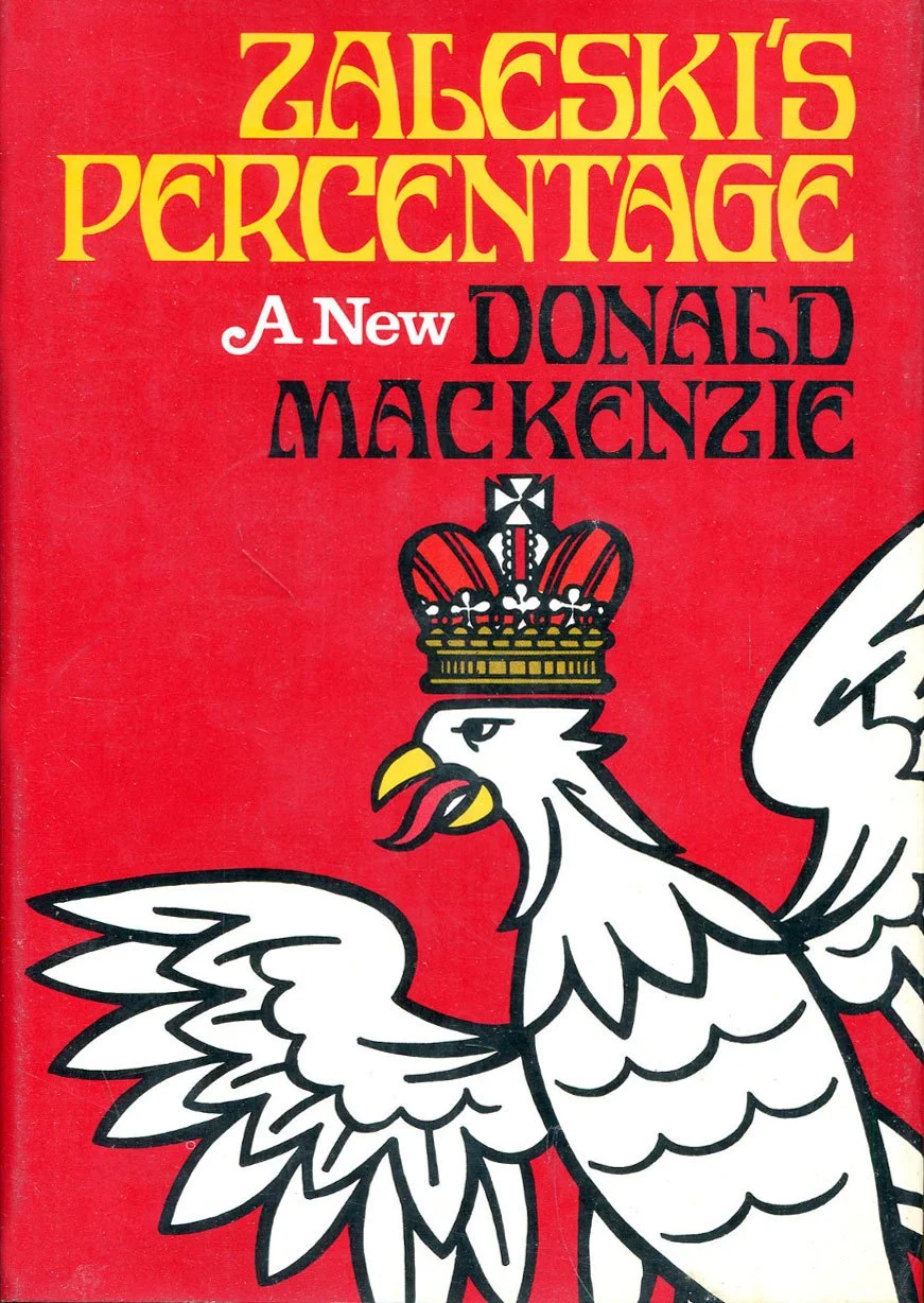 Book cover of Zaleski's Percentage by Donald Mackenzie, featuring a cartoon eagle wearing a crown with a red background.