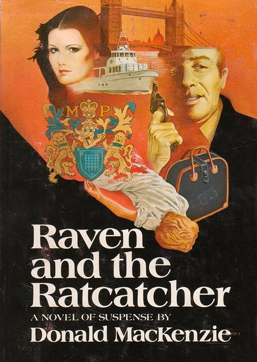 Book cover for "Raven and the Ratcatcher" featuring illustrated faces of a woman and a man, a ship, a bridge, a coat, a briefcase, an illustration of a rat, and a heraldic crest.