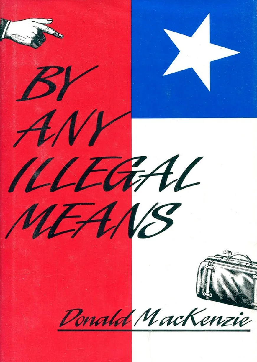 Book cover titled "By Any Legal Means" by Donald MacKenzie, with a red, white, and blue background, featuring a pointing hand illustration and a briefcase.