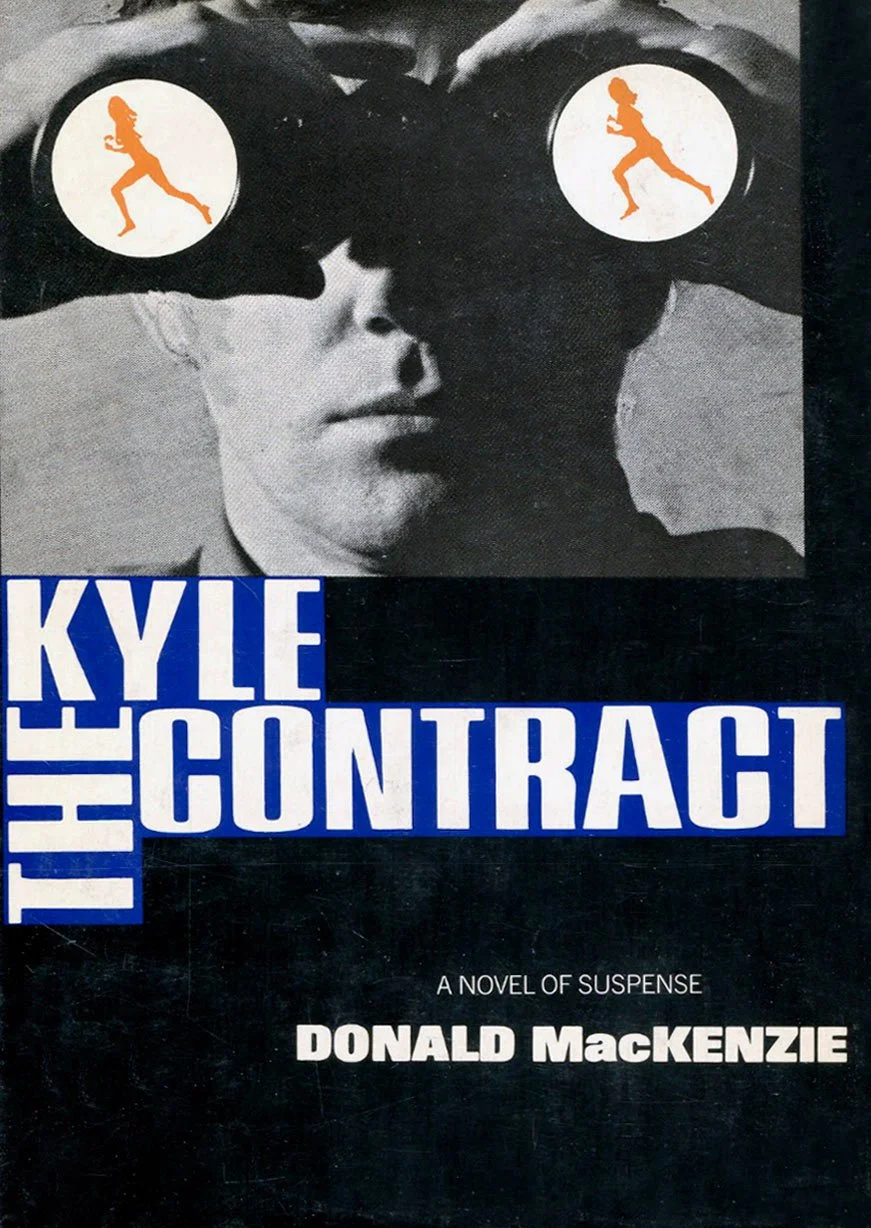 Cover of the novel "The Contractor" by Donald MacKenzie featuring a black and white photo of a woman's face with binoculars over her eyes, which have orange silhouettes of running women on the lenses, and the title in bold blue and white letters.