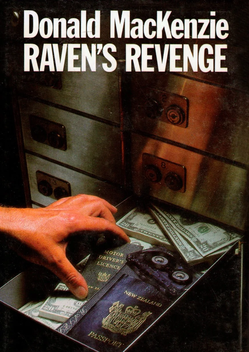 Movie poster for 'Raven's Revenge' by Donald MacKenzie, featuring a hand reaching into a metal mailbox containing cash, a New Zealand passport, a motor driver's license, and a small black case, with office electrical outlets in the background.