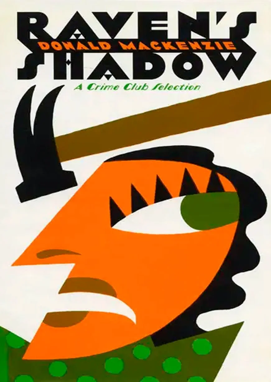 Book cover of 'Raven's Shadow' by Donald M. Makenzie with an abstract illustration of a wolf, featuring bold black, orange, green, and brown shapes.
