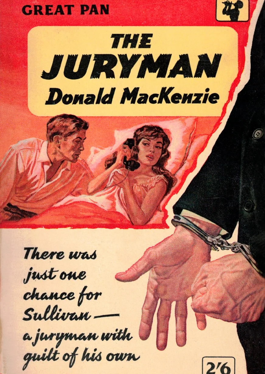 Vintage movie poster for 'The Juryman' featuring a man with handcuffs, a woman on the phone, and a man leaning in to speak to her. The poster has a red and yellow background with bold black text.