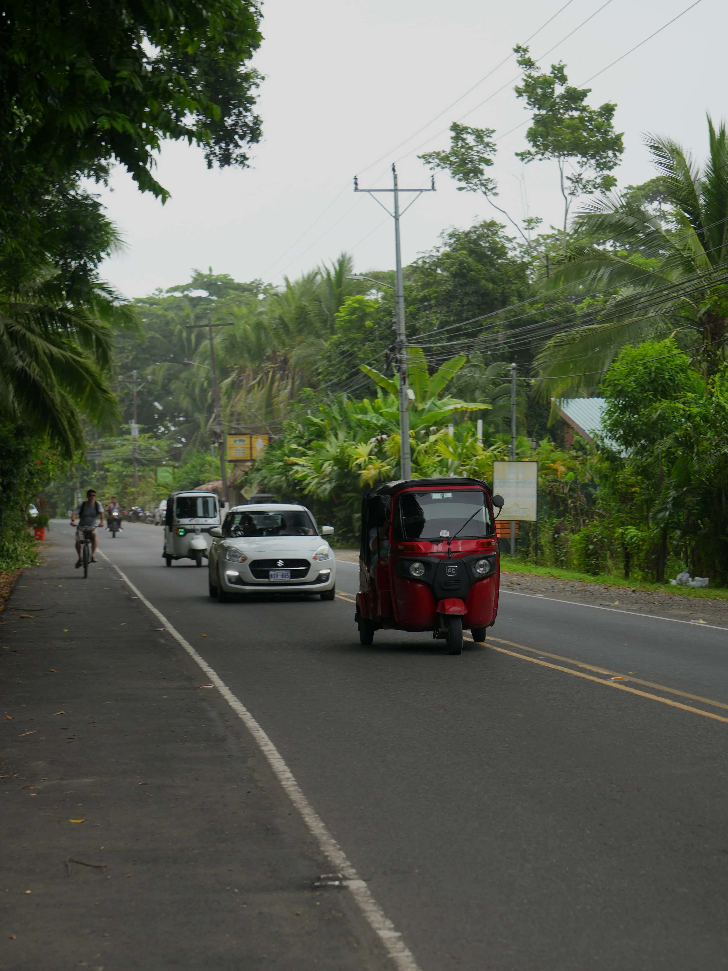 Tropical roadside scene with cars and a tuk-tuk driving through lush greenery on the Caribbean coast of Costa Rica.