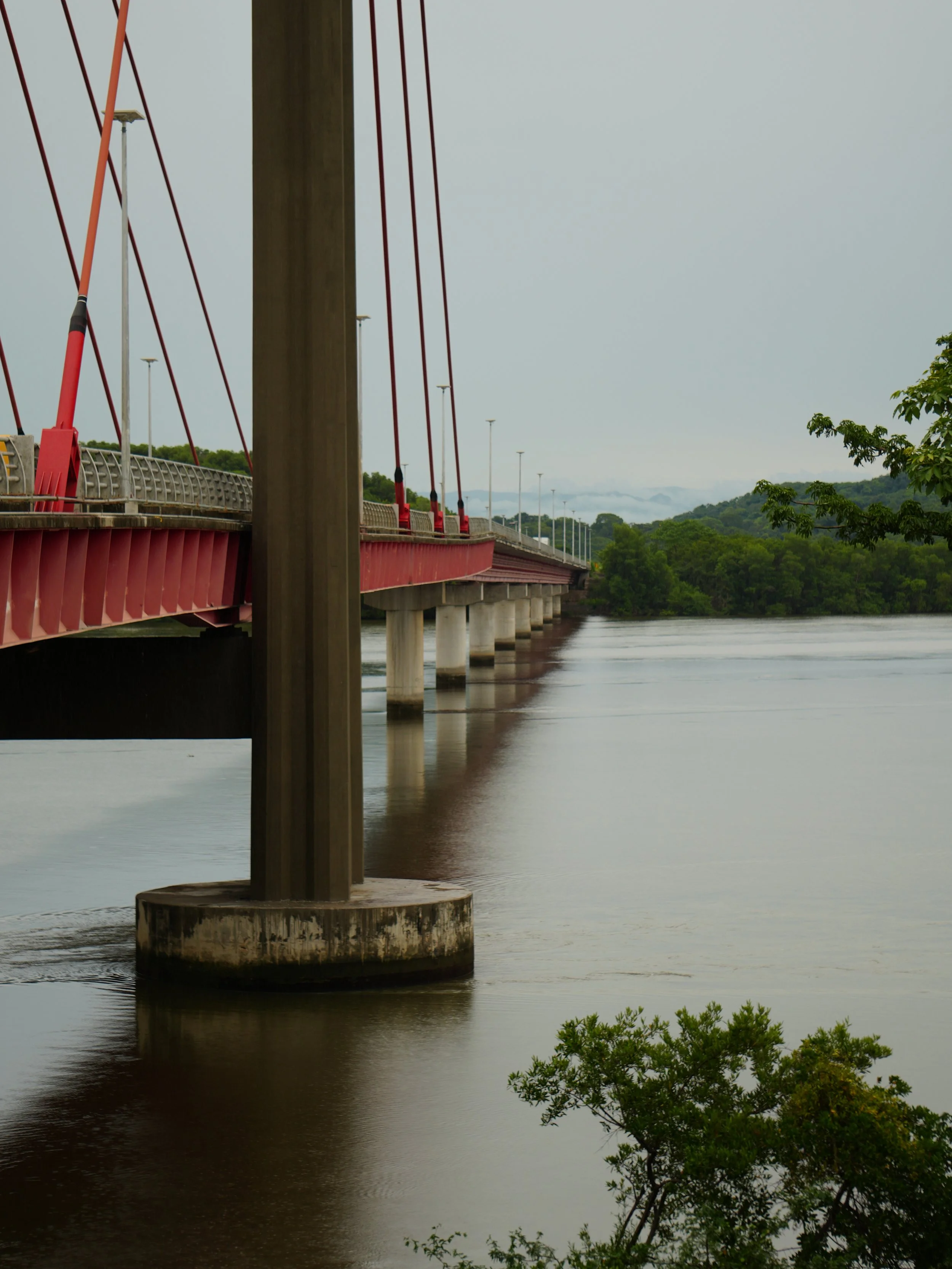 Puente La Amistad bridge spanning a wide river landscape in Costa Rica, connecting regions across tropical wetlands. (Rio Tempisque)