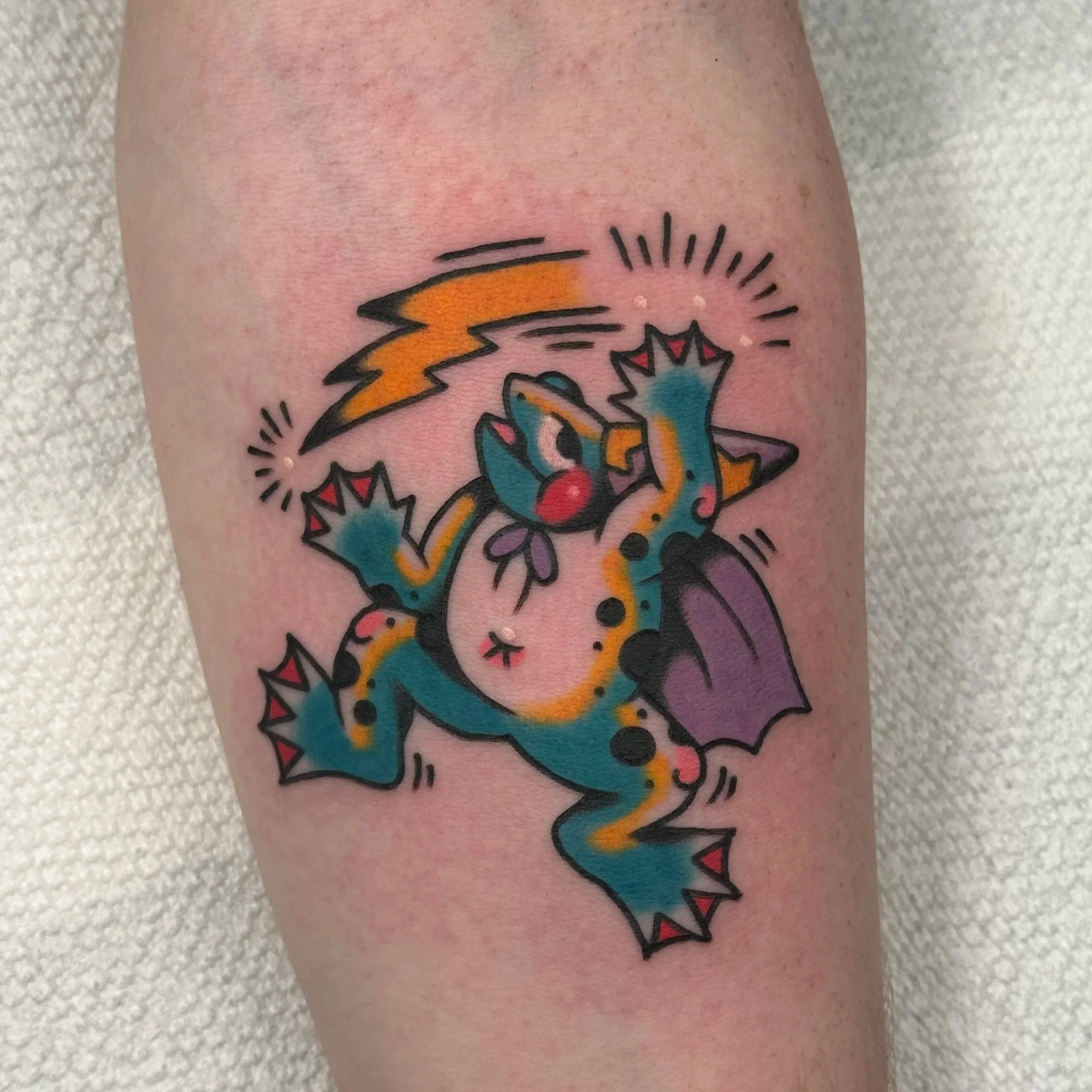 frog bold tattoo trad traditional wizard lightning smile green yellow zap augusta georgia stars magic tattoos