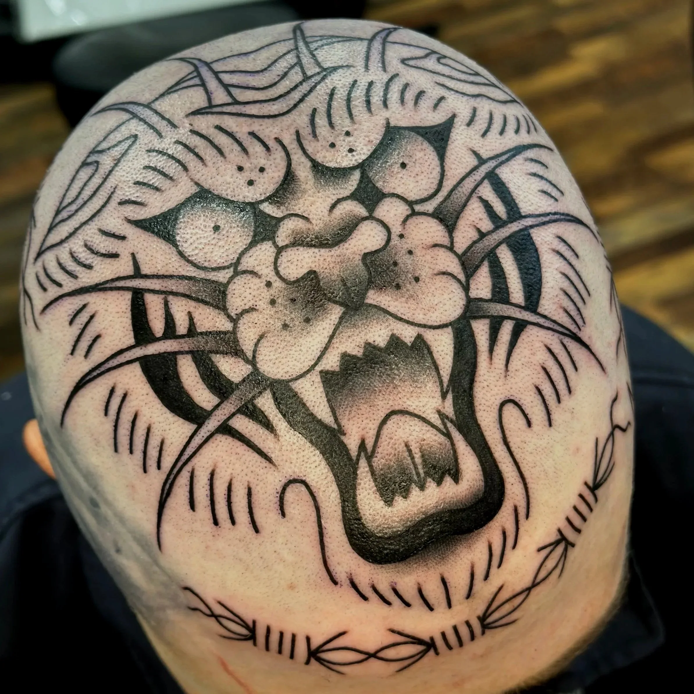 bold head tattoo tiger trad traditional black and grey gray augusta shading 