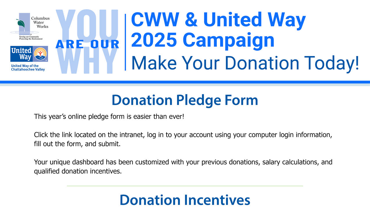 CWW and United Way campaign flyer explaining the online pledge form and employee donation incentives.
