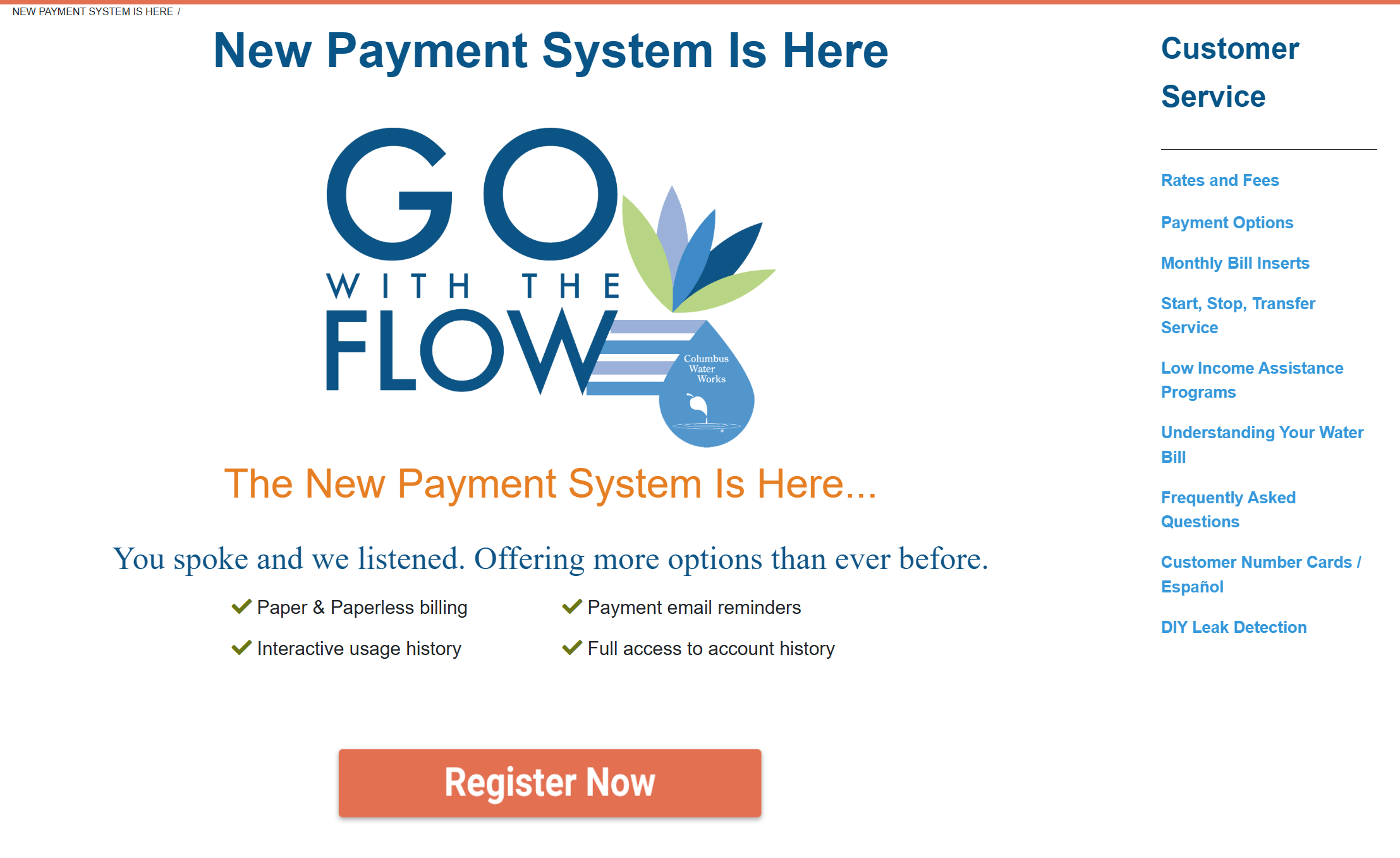 “Go with the Flow” project landing page with new payment system details, customer resources, and a Register Now button.