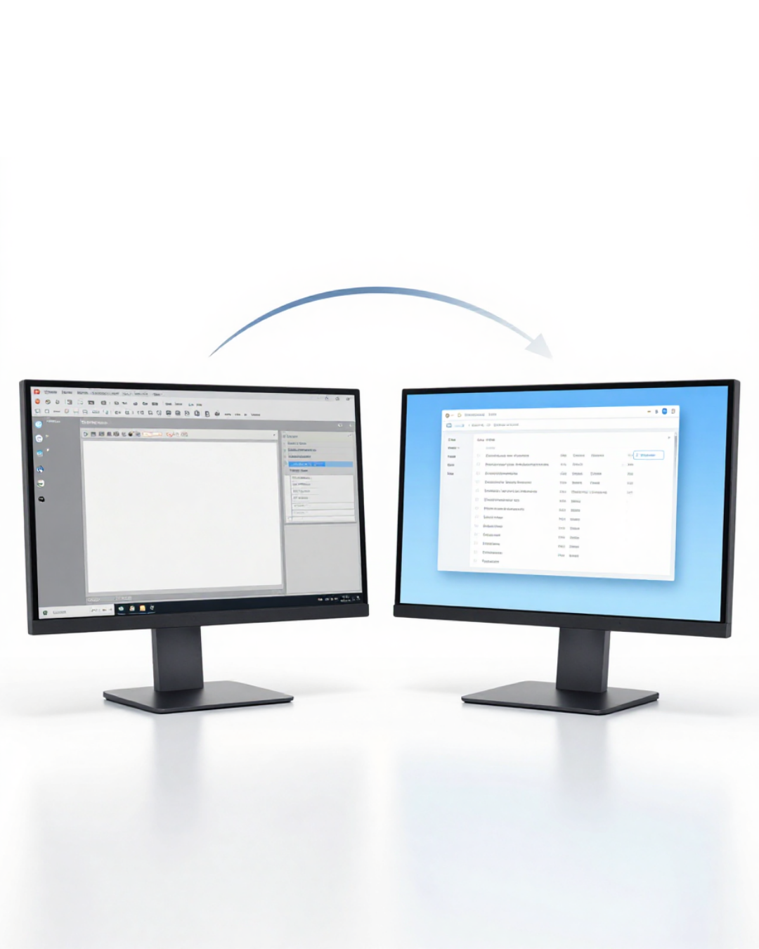 Two computer monitors facing each other with an arrow indicating a data transfer or connection between them.