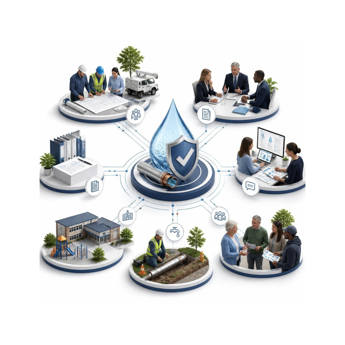 Diagram illustrating water safety and management processes involving engineers, corporate meetings, data analysis, documents, and infrastructure projects connected around a central water droplet with a shield and checkmark.