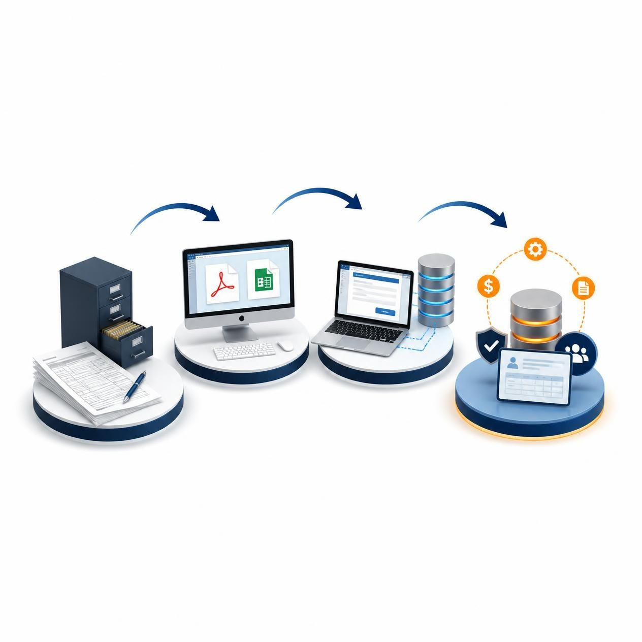 Diagram showing digital data workflow including document storage, processing on computers, database management, and data analysis.