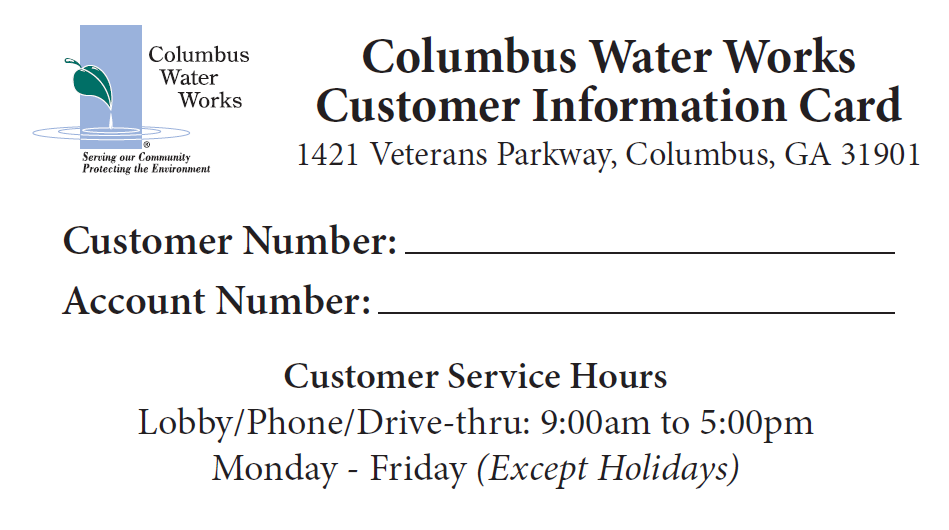 Columbus Water Works information card with blank fields for customer and account numbers.