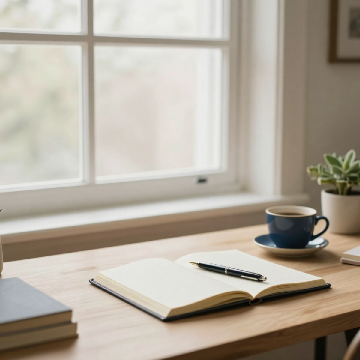 Open notebook and pen on a sunlit desk beside a blue coffee cup.