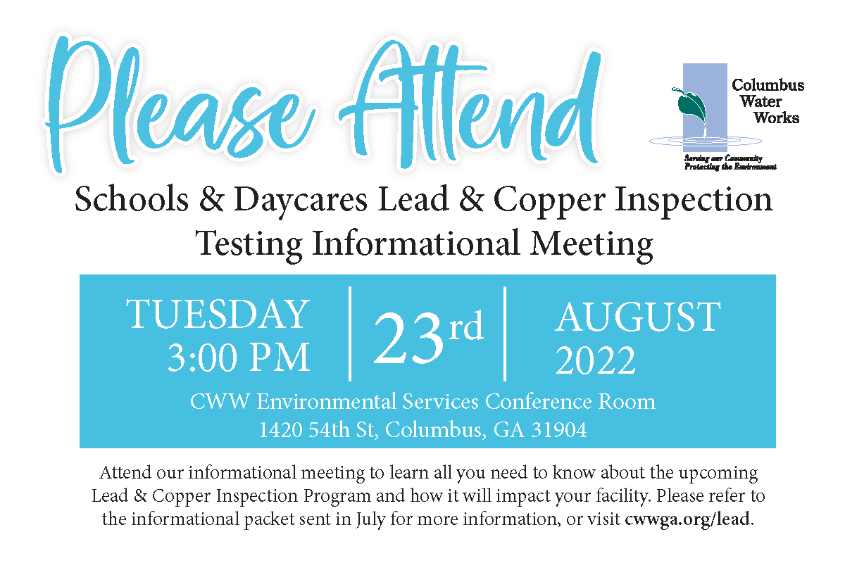 Invitation to a Lead and Copper Inspection Testing informational meeting for school and daycare administrators.