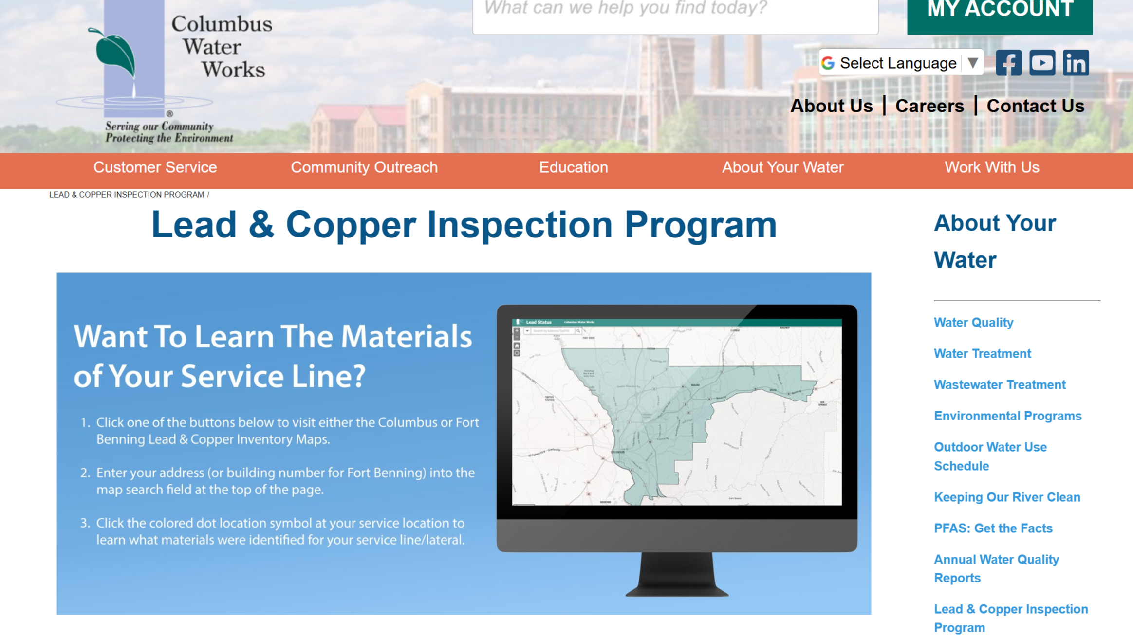 Columbus Water Works Lead and Copper Inspection Program webpage with service line maps and customer resources.