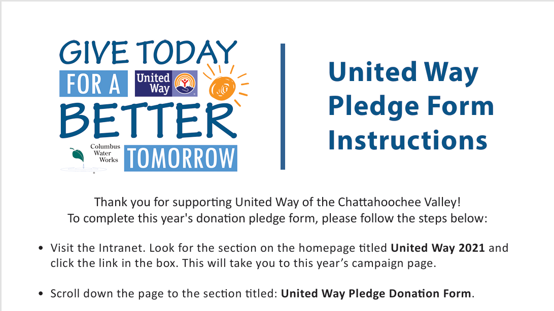 United Way employee guide with instructions for completing and submitting a fillable PDF pledge form.