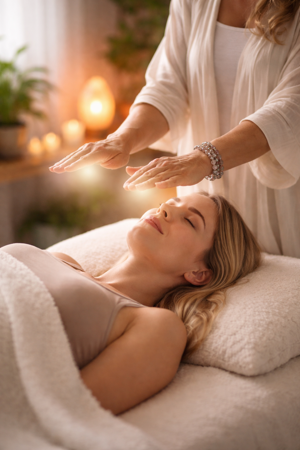 A woman receiving a healing or energy treatment while lying on a massage table, with candles and decorative lighting in the background.