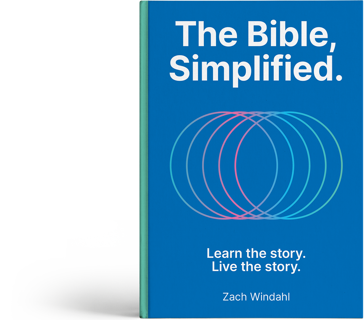 Cover of a book titled "The Bible, Simplified" by Zach Windahl, featuring a design of overlapping circles in pink, blue, and turquoise on a blue background, with the subtitle "Learn the story. Live the story."